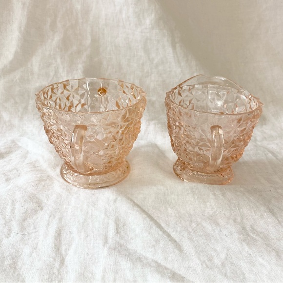 Jeannette Holiday Button and Bows Pink Depression Glass Creamer and Sugar 1940s - Picture 5 of 10